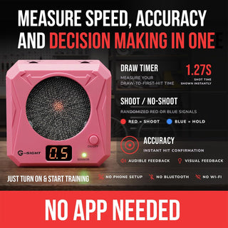 Pink G-SIGHT electronic target training device shown on a dark promotional graphic with text highlighting features like draw timer, shoot/no-shoot, accuracy, and no app requirement.